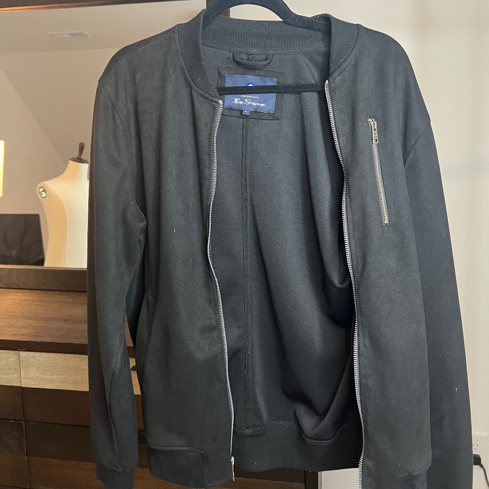 Ben Sherman Faux Suede Bomber Jacket Men’s Large Black Full Zip Front Pocket